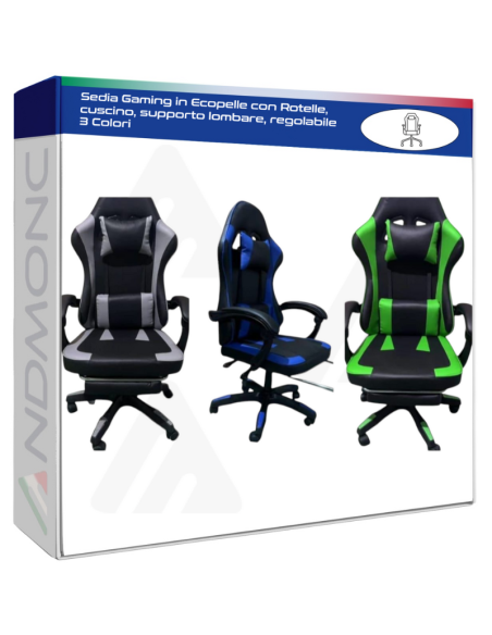Sedia Gaming in Ecopelle con Rotelle, cuscino, supporto lombare, regolabile 3 Colori