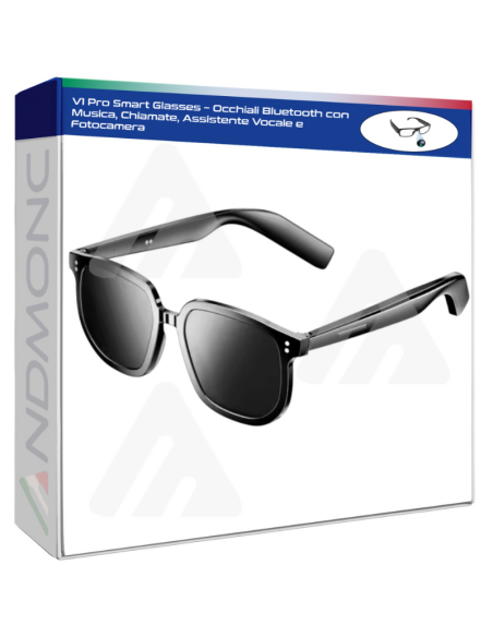 Occhiali Bluetooth con Musica, Chiamate, Assistente Vocale e Fotocamera – V1 Pro Smart Glasses