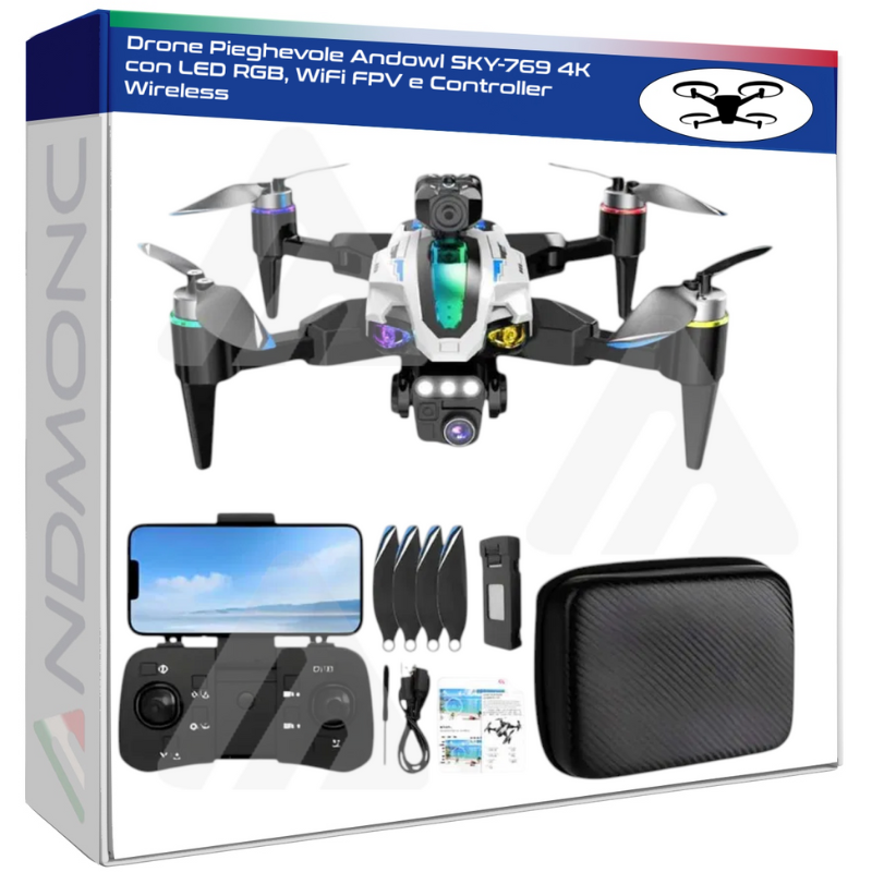 Drone Pieghevole Andowl SKY-769 4K con LED RGB, WiFi FPV e Controller Wireless