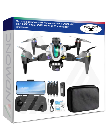 Drone Pieghevole Andowl SKY-769 4K con LED RGB, WiFi FPV e Controller Wireless
