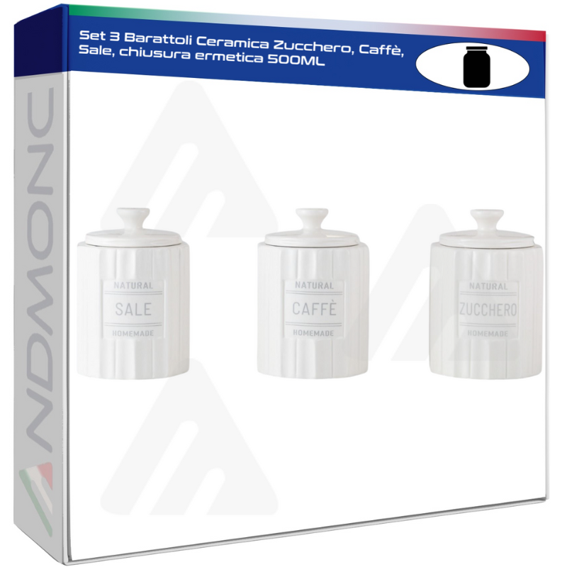 Set 3 Barattoli Ceramica Zucchero, Caffè, Sale, chiusura ermetica 500ML