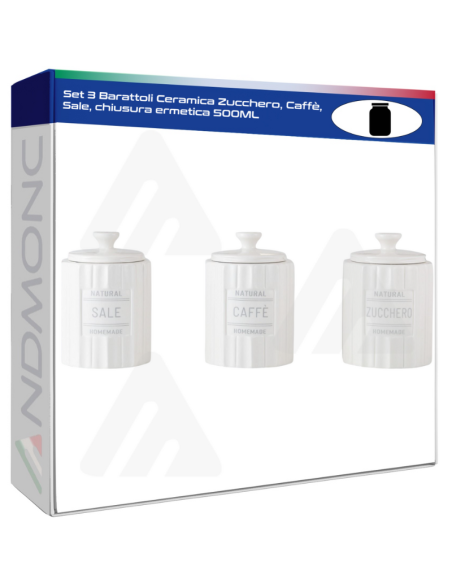 Set 3 Barattoli Ceramica Zucchero, Caffè, Sale, chiusura ermetica 500ML