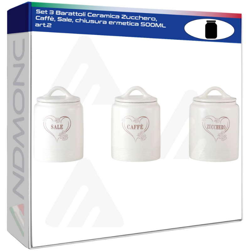 Set 3 Barattoli Ceramica Zucchero, Caffè, Sale, chiusura ermetica 500ML art.2