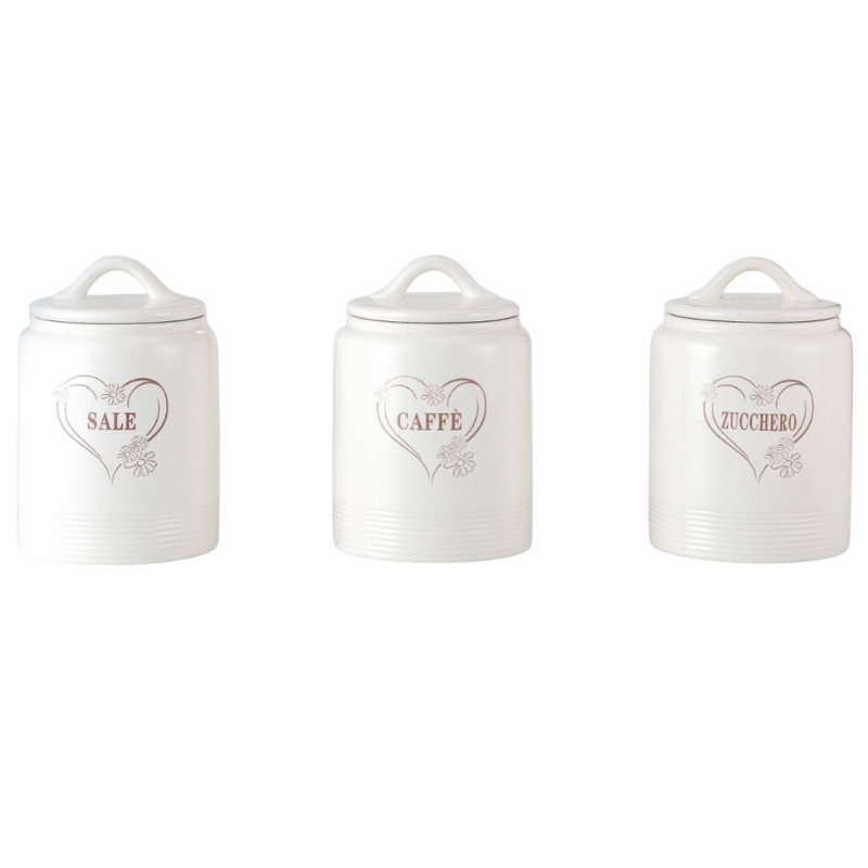 Set 3 Barattoli Ceramica Zucchero, Caffè, Sale,...