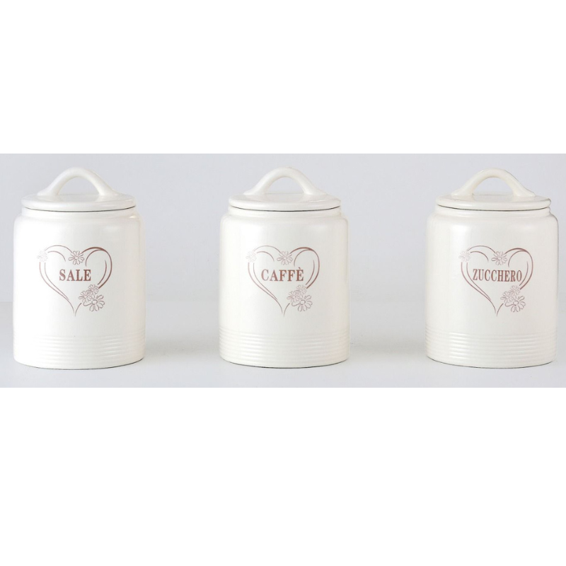 Set 3 Barattoli Ceramica Zucchero, Caffè, Sale,...