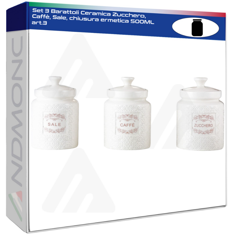 Set 3 Barattoli Ceramica Zucchero, Caffè, Sale, chiusura ermetica 500ML art.3