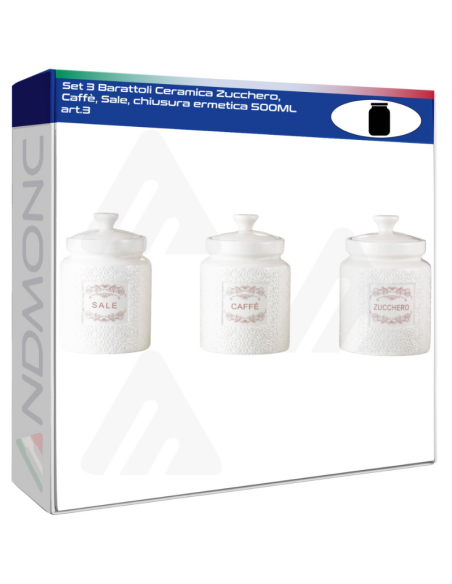 Set 3 Barattoli Ceramica Zucchero, Caffè, Sale, chiusura ermetica 500ML art.3
