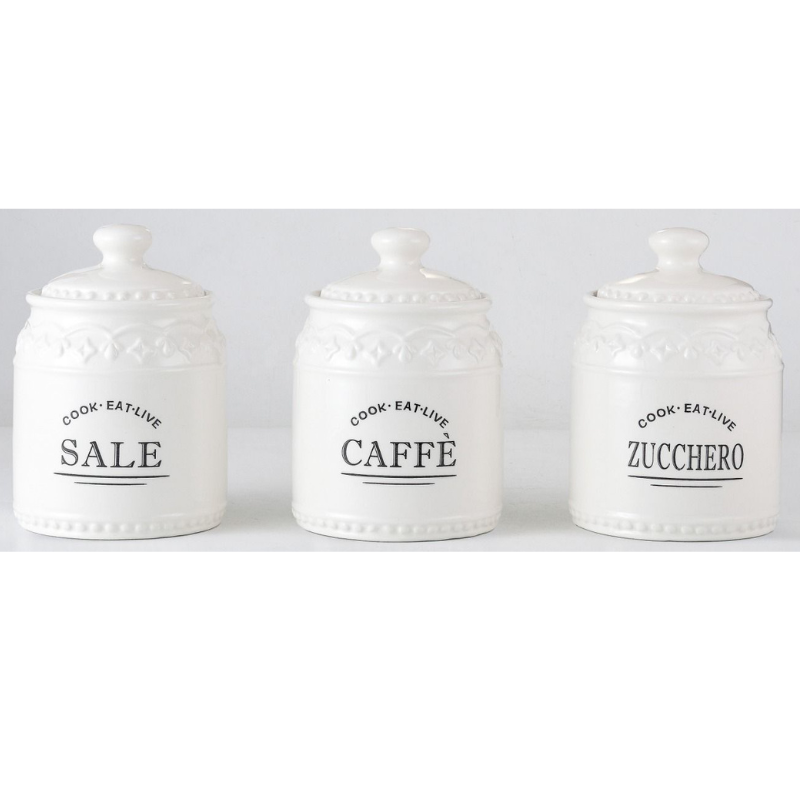 Set 3 Barattoli Ceramica Zucchero, Caffè, Sale,...