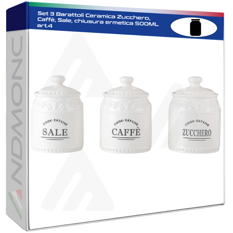 Set 3 Barattoli Ceramica Zucchero, Caffè, Sale, chiusura ermetica 500ML art.4