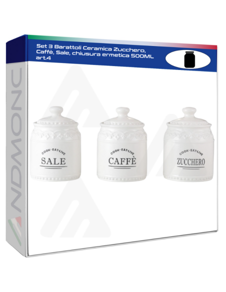Set 3 Barattoli Ceramica Zucchero, Caffè, Sale, chiusura ermetica 500ML art.4