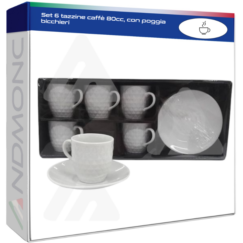 Set 6 tazzine caffè 80cc, con poggia bicchieri