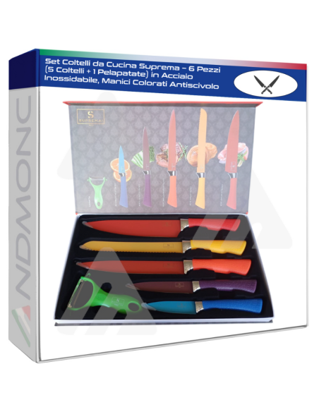 Set Coltelli da Cucina Suprema – 6 Pezzi (5 Coltelli + 1 Pelapatate) in Acciaio Inossidabile, Manici Colorati Antiscivolo