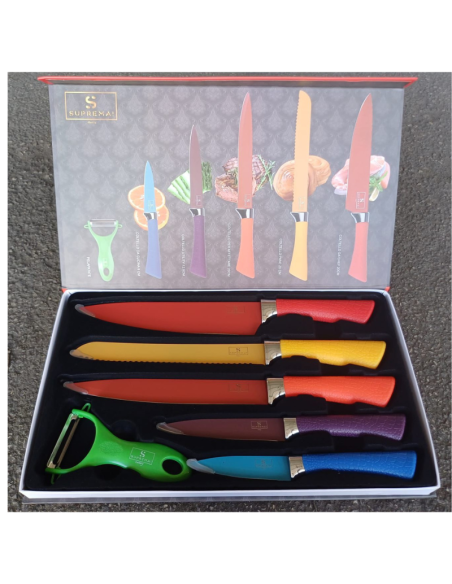 Set Coltelli da Cucina Suprema – 6 Pezzi (5 Coltelli + 1 Pelapatate) in Acciaio Inossidabile, Manici Colorati Antiscivolo