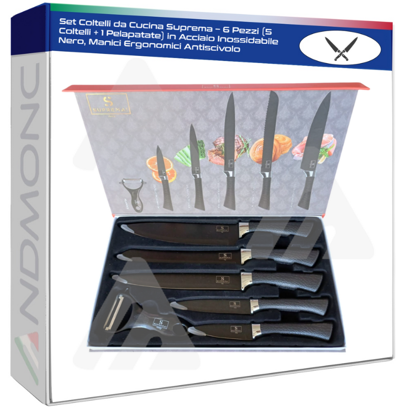 Set Coltelli da Cucina Suprema – 6 Pezzi (5 Coltelli + 1 Pelapatate) in Acciaio Inossidabile Nero, Manici Ergonomici Antiscivolo