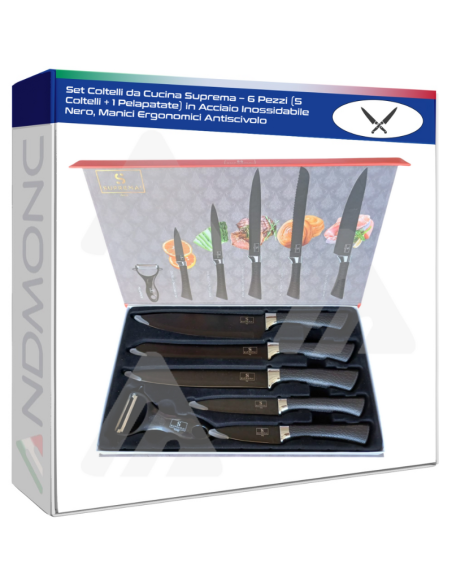 Set Coltelli da Cucina Suprema – 6 Pezzi (5 Coltelli + 1 Pelapatate) in Acciaio Inossidabile Nero, Manici Ergonomici Antiscivolo