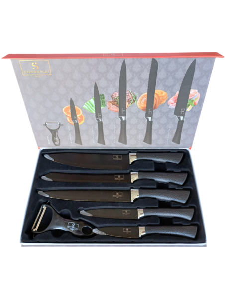 Set Coltelli da Cucina Suprema – 6 Pezzi (5 Coltelli + 1 Pelapatate) in Acciaio Inossidabile Nero, Manici Ergonomici Antiscivolo
