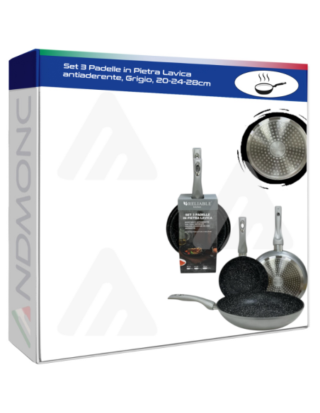 Set 3 Padelle in Pietra Lavica antiaderente, Grigio, 20-24-28cm