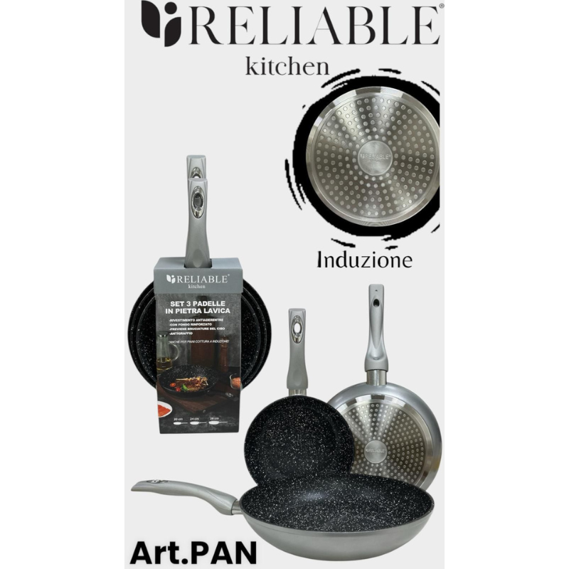 Set 3 Padelle in Pietra Lavica antiaderente,...