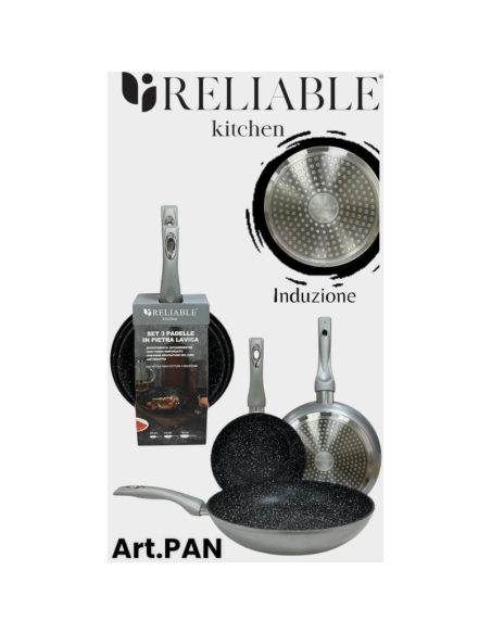 Set 3 Padelle in Pietra Lavica antiaderente, Grigio, 20-24-28cm