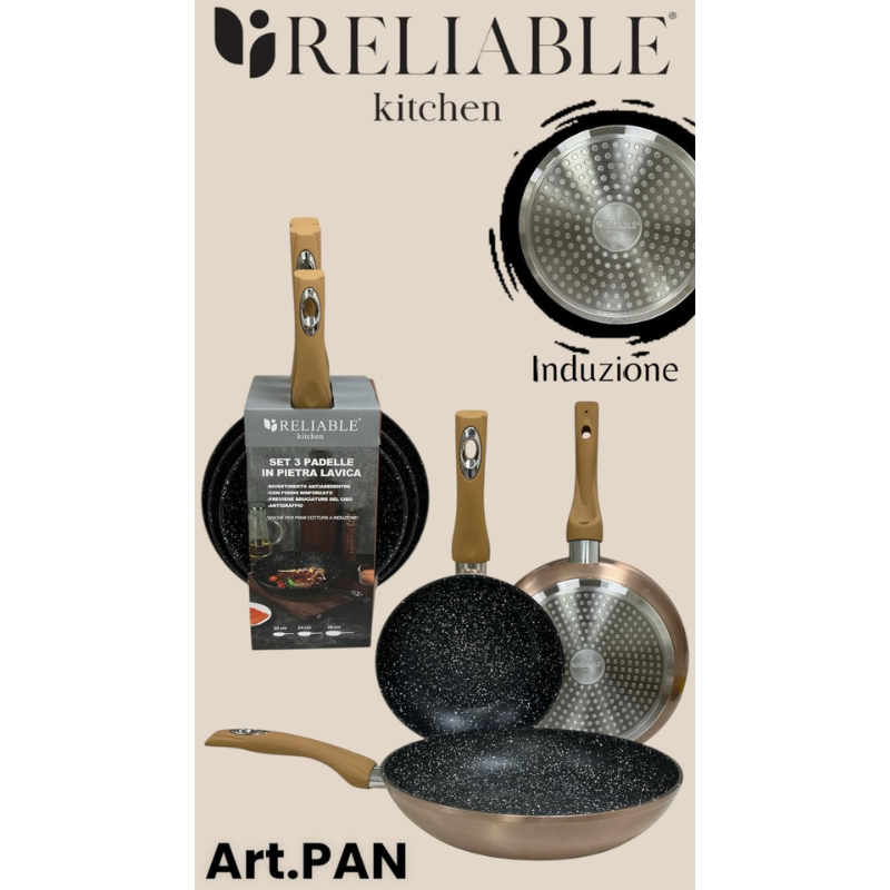 Set 3 Padelle in Pietra Lavica antiaderente,...