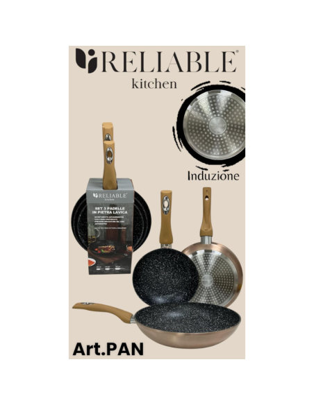 Set 3 Padelle in Pietra Lavica antiaderente, Rame, 20-24-28cm