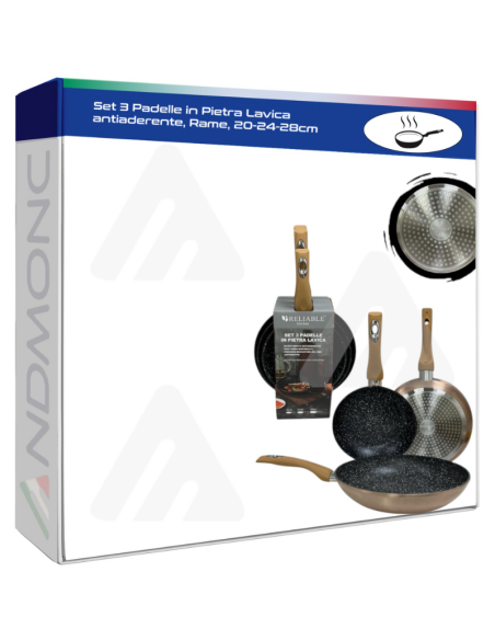 Set 3 Padelle in Pietra Lavica antiaderente, Rame, 20-24-28cm