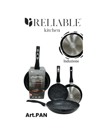 Set 3 Padelle in Pietra Lavica antiaderente, Nero, 20-24-28cm