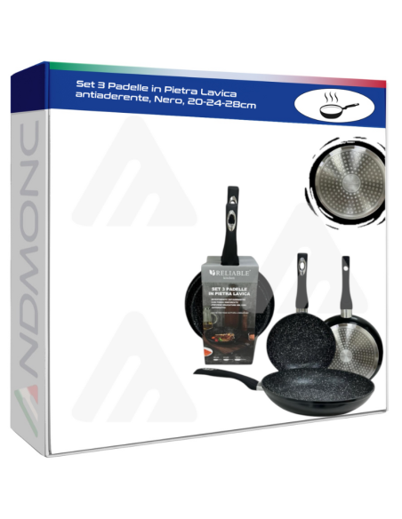 Set 3 Padelle in Pietra Lavica antiaderente, Nero, 20-24-28cm