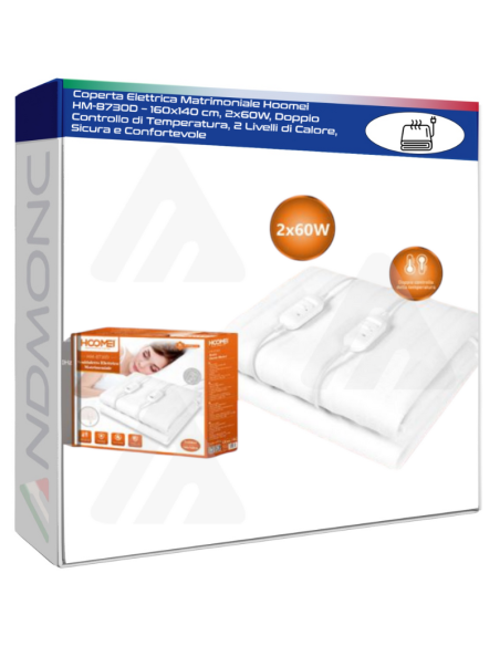 Coperta Elettrica Matrimoniale Hoomei HM-8730D – 160x140 cm, 2x60W, Doppio Controllo di Temperatura, 2 Livelli di Calore