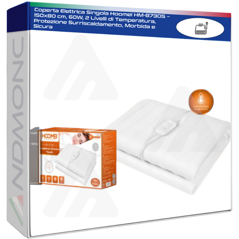 Coperta Elettrica Singola Hoomei HM-8730S – 150x80 cm, 60W, 2 Livelli di Temperatura, Protezione Surriscaldamento