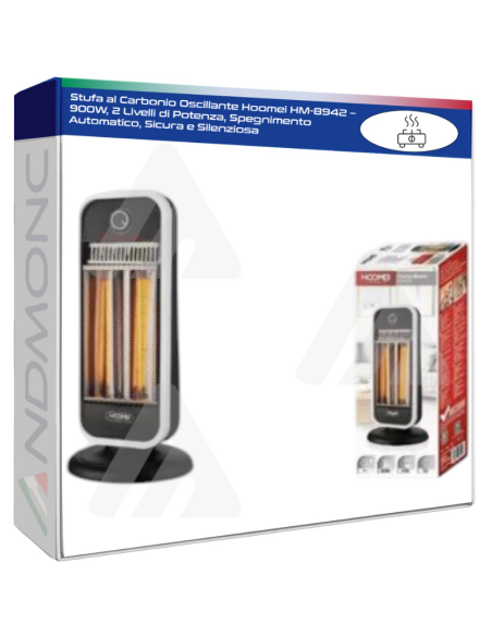 Stufa al Carbonio Oscillante Hoomei HM-8942 – 900W, 2 Livelli di Potenza, Spegnimento Automatico, Sicura e Silenziosa