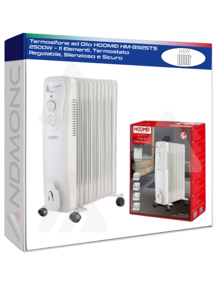 Termosifone ad Olio HOOMEI HM-8925TS 2500W – 11 Elementi, Termostato Regolabile, Silenzioso e Sicuro