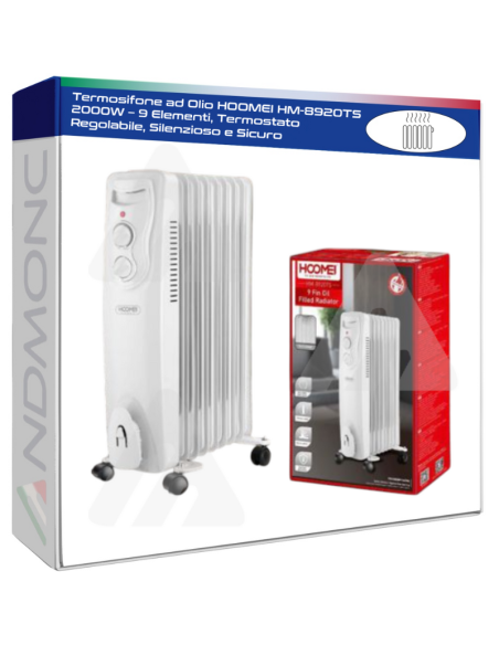 Termosifone ad Olio HOOMEI HM-8920TS 2000W – 9 Elementi, Termostato Regolabile, Silenzioso e Sicuro