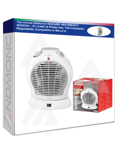 Termoventilatore HOOMEI HM-8840Y 2000W – 2 Livelli di Potenza, Termostato Regolabile, Compatto e Sicuro
