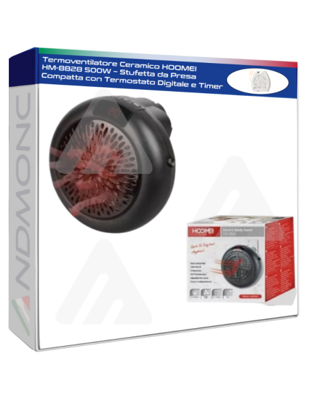 Termoventilatore Ceramico HOOMEI HM-8828 500W – Stufetta da Presa Compatta con Termostato Digitale e Timer