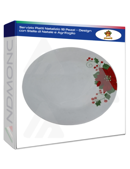 Servizio Piatti Natalizio 18 Pezzi – Design con Stella di Natale e Agrifoglio
