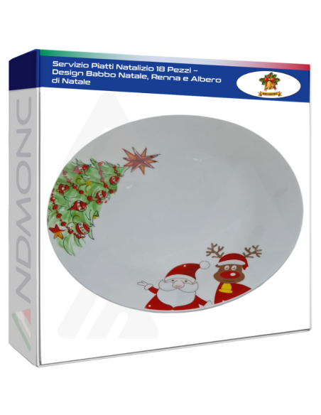 Servizio Piatti Natalizio 18 Pezzi – Design Babbo Natale, Renna e Albero di Natale