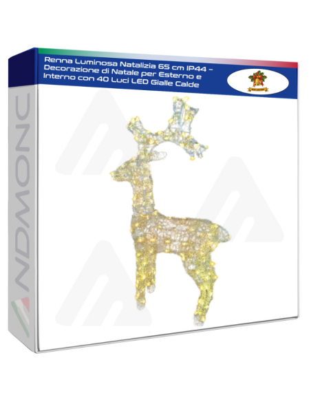 Renna Luminosa Natalizia 65 cm IP44 – Decorazione di Natale per Esterno e Interno con 40 Luci LED Gialle Calde