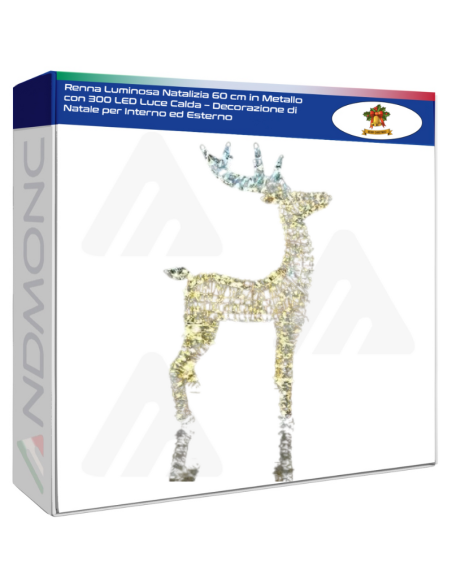 Renna Luminosa Natalizia 60 cm in Metallo con 300 LED Luce Calda – Decorazione di Natale per Interno ed Esterno
