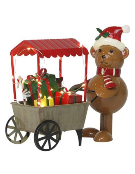 Orso con Carretto Natalizio con LED 25x10x22,5 cm – Decorazione Natalizia Luminoso da Interno