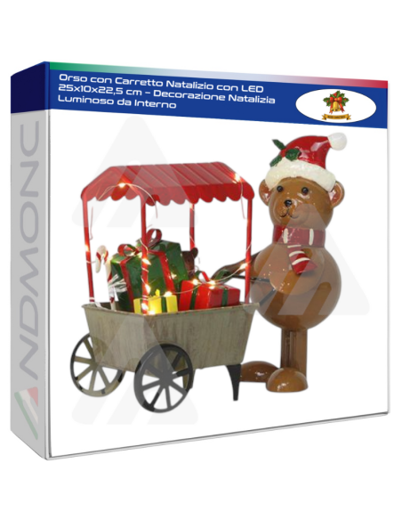 Orso con Carretto Natalizio con LED 25x10x22,5 cm – Decorazione Natalizia Luminoso da Interno