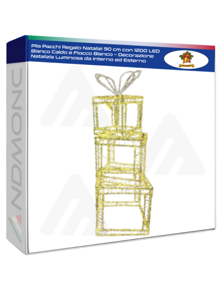 Pila Pacchi Regalo Natalizi 90 cm con 1200 LED Bianco Caldo e Fiocco Bianco – Decorazione Natalizia Luminosa