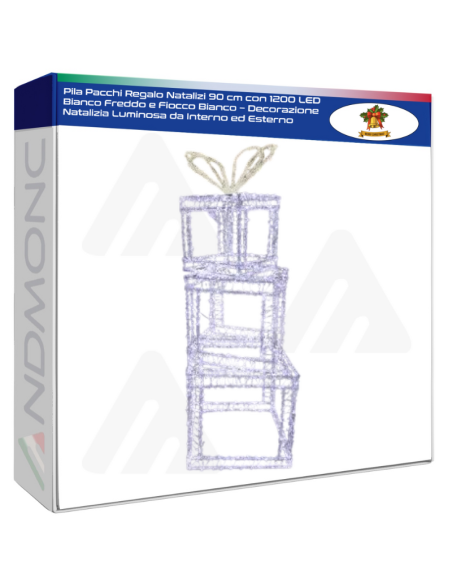 Pila Pacchi Regalo Natalizi 90 cm con 1200 LED Bianco Freddo e Fiocco Bianco – Decorazione Natalizia Luminosa