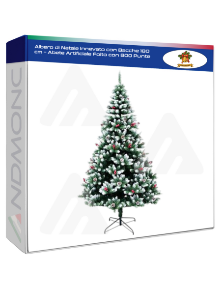 Albero di Natale Innevato con Bacche 180 cm – Abete Artificiale Folto con 800 Punte