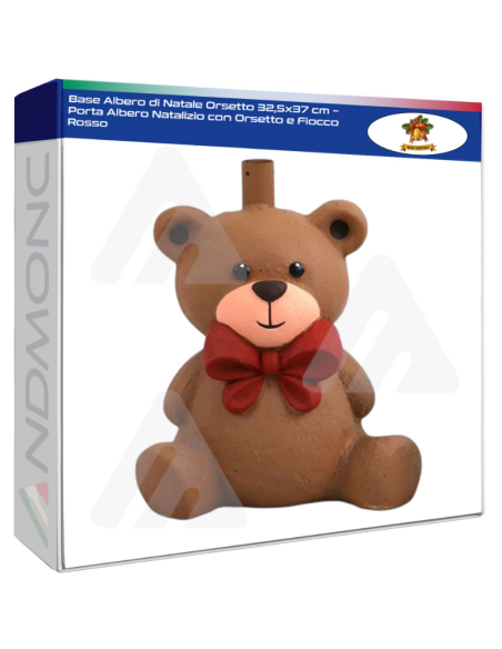 Base Albero di Natale Orsetto 32,5x37 cm – Porta Albero Natalizio con Orsetto e Fiocco Rosso