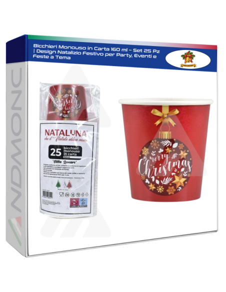Bicchieri Monouso in Carta 160 ml – Set 25 Pz  Design Natalizio Festivo per Party, Eventi e Feste a Tema