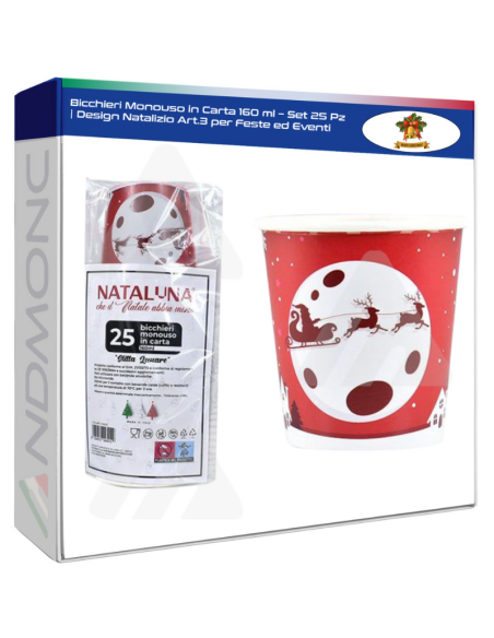Bicchieri Monouso in Carta 160 ml – Set 25 Pz  Design Natalizio Art.3 per Feste ed Eventi