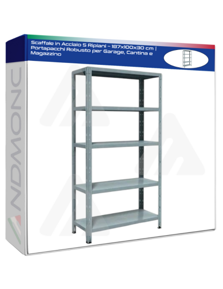 Scaffale in Acciaio 5 Ripiani – 187x100x30 cm  Portapacchi Robusto per Garage, Cantina e Magazzino