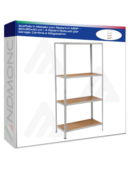 Scaffale in Metallo con Ripiani in MDF – 160x80x40 cm  4 Ripiani Robusti per Garage, Cantina e Magazzino