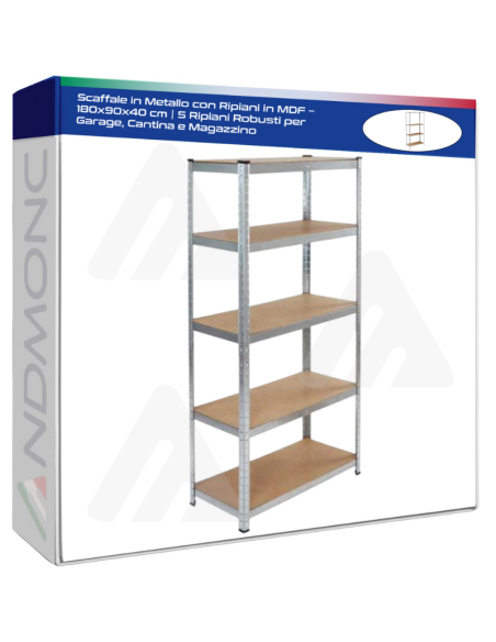 Scaffale in Metallo con Ripiani in MDF – 180x90x40 cm  5 Ripiani Robusti per Garage, Cantina e Magazzino